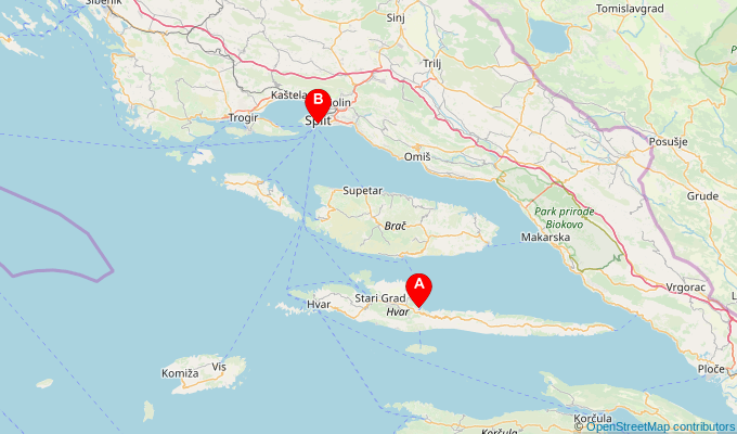 Map of ferry route between Jelsa (Hvar) and Split